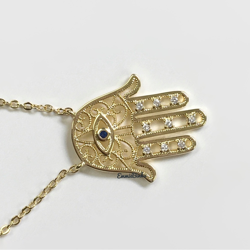 New Gold Dipped CZ Hamsa Hand Filigree Scroll Style Pendant Necklace - Picture 6 of 12
